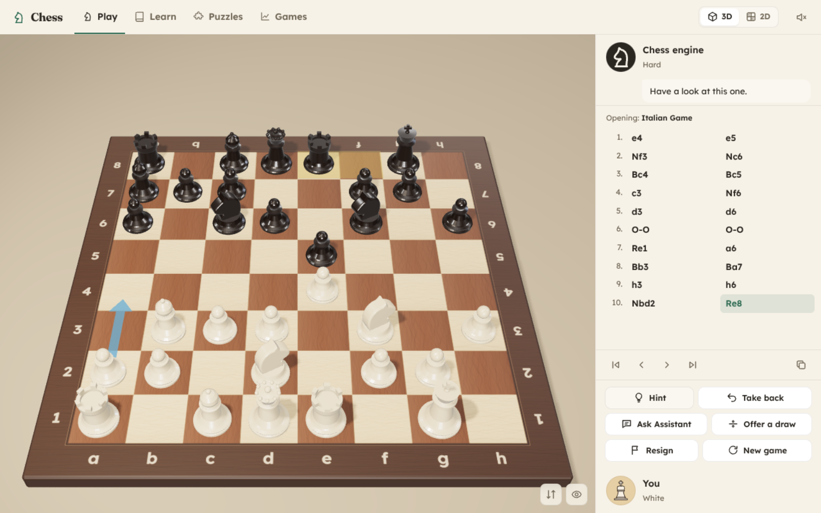 Play the engine or one of your Bots on a wooden 3D board, with hints and takebacks