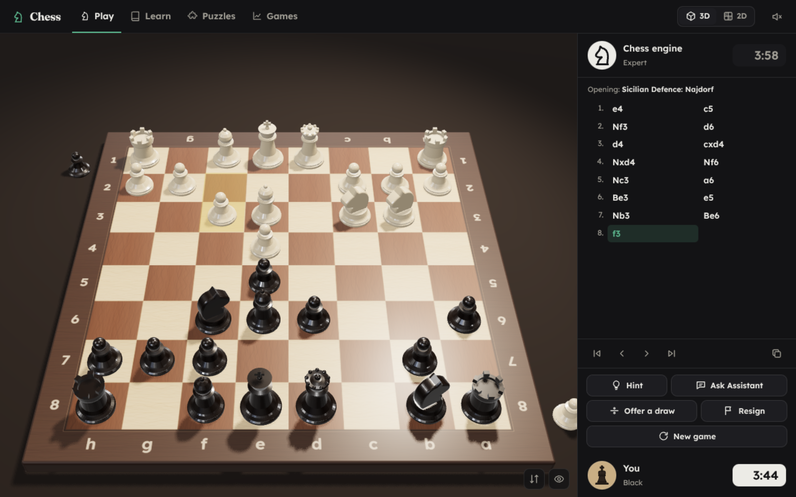Dark mode, playing Black on the clock