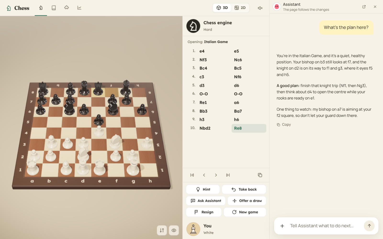 Ask your Bot about the position, right beside the board