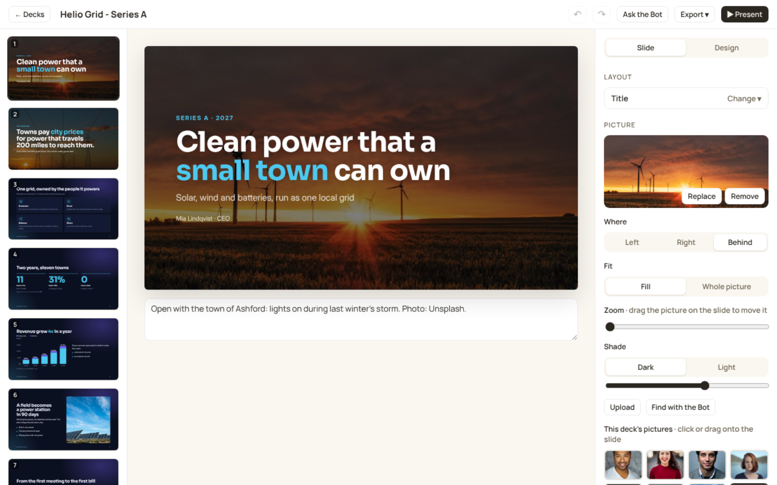 Designed slides you edit in place, with photos, layout and theme on the side