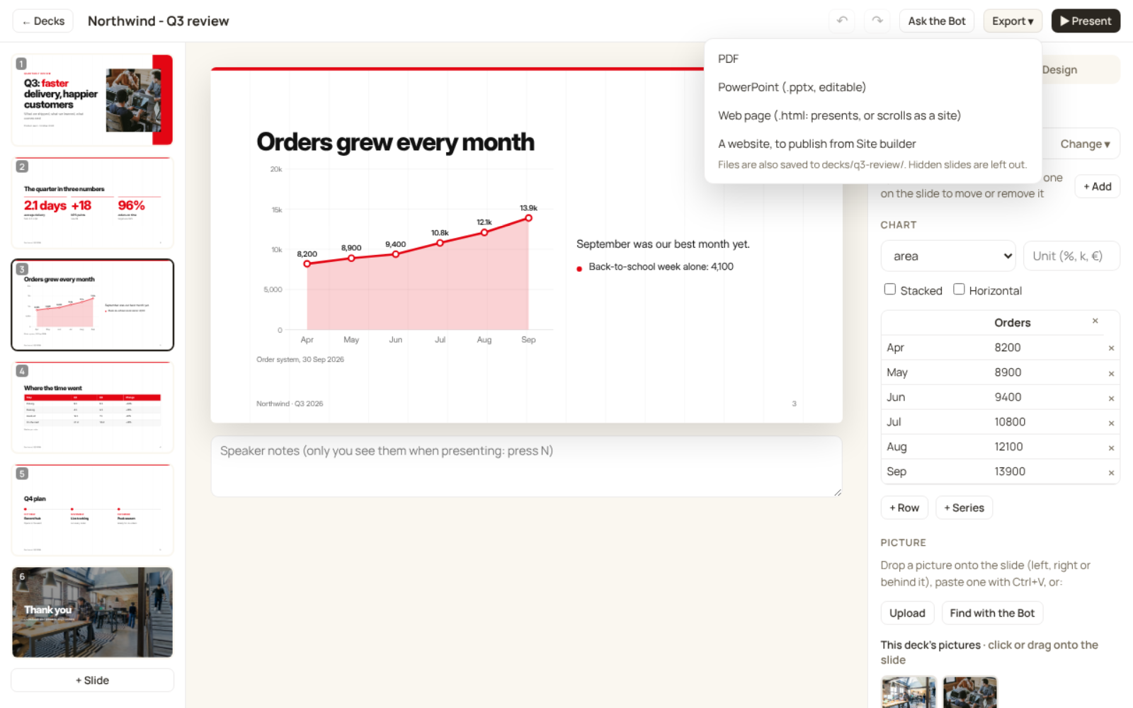 Export an editable PowerPoint, a PDF or a web page