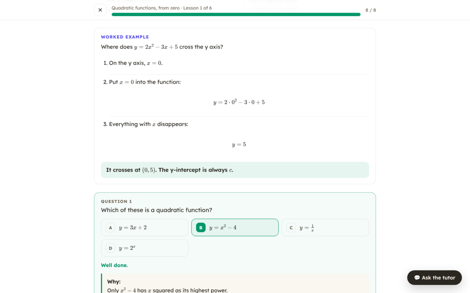 Worked examples step by step, then questions checked on the spot