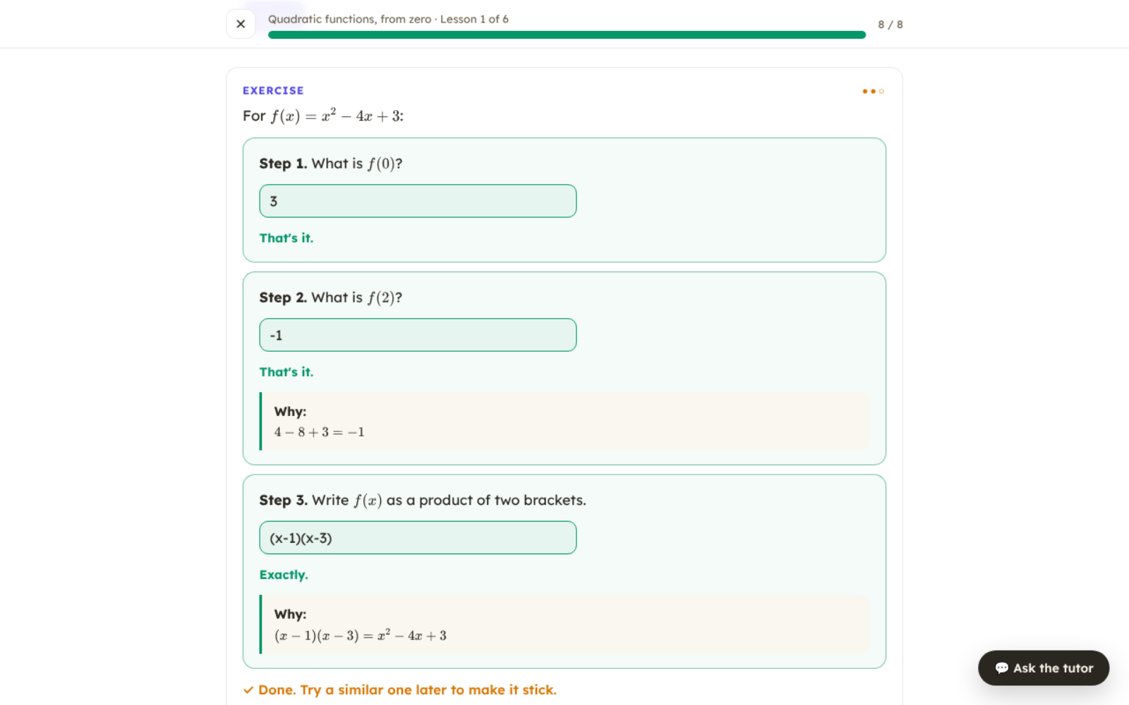 Exercises solved one checked step at a time