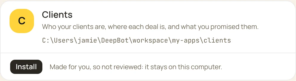 The app, ready to install with one button