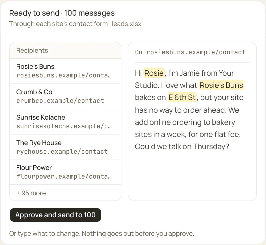 Ready to send: 100 messages, through each site's contact form