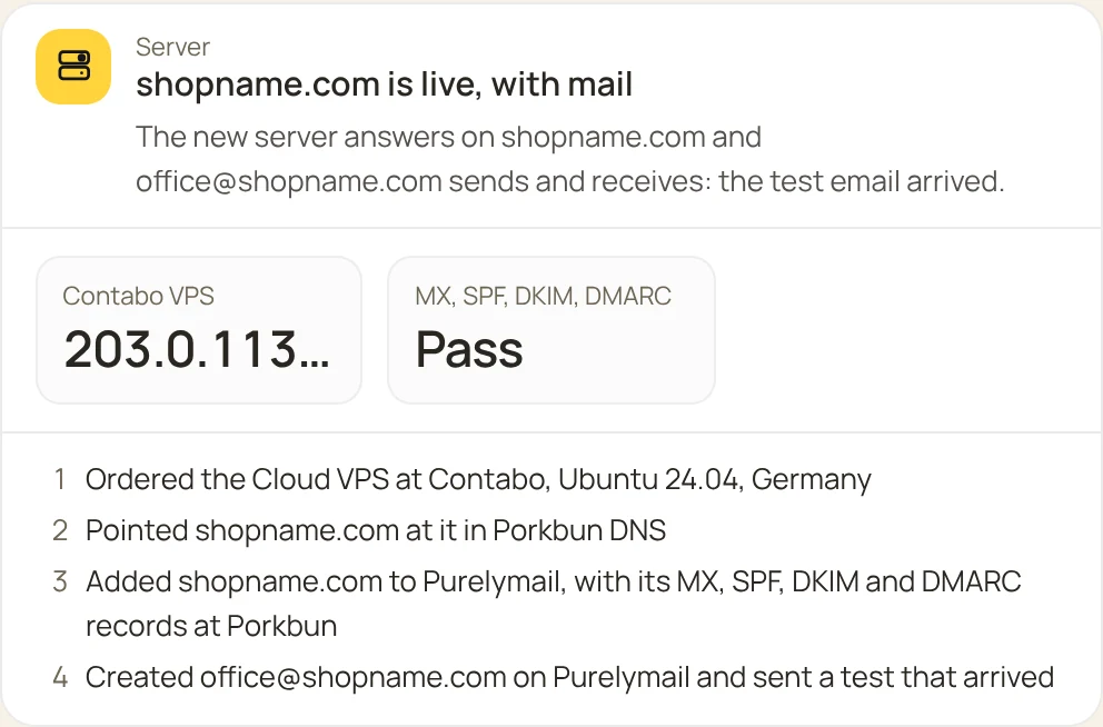 Done: the Contabo server, the Porkbun domain and the Purelymail mailbox, checked